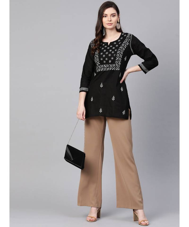 Hand Embroidered Black Cotton Lucknowi Chikankari Women Top