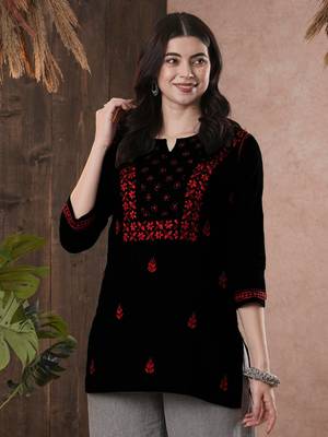 Hand Embroidered Black & Red Cotton Lucknowi Chikan Women Top 1