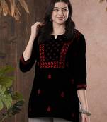 Hand Embroidered Black & Red Cotton Lucknowi Chikan Women Top