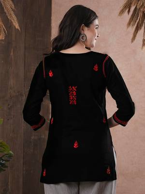Hand Embroidered Black & Red Cotton Lucknowi Chikan Women Top 2