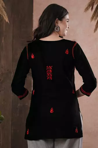 Hand Embroidered Black & Red Cotton Lucknowi Chikan Women Top