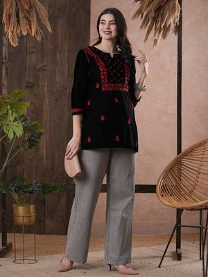 Hand Embroidered Black & Red Cotton Lucknowi Chikan Women Top 3