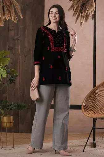 Hand Embroidered Black & Red Cotton Lucknowi Chikan Women Top