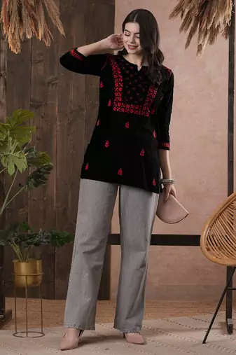 Hand Embroidered Black & Red Cotton Lucknowi Chikan Women Top