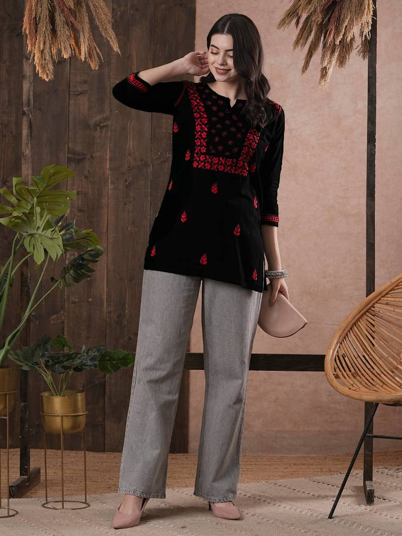 Hand Embroidered Black & Red Cotton Lucknowi Chikan Women Top