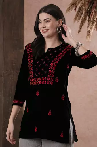 Hand Embroidered Black & Red Cotton Lucknowi Chikan Women Top