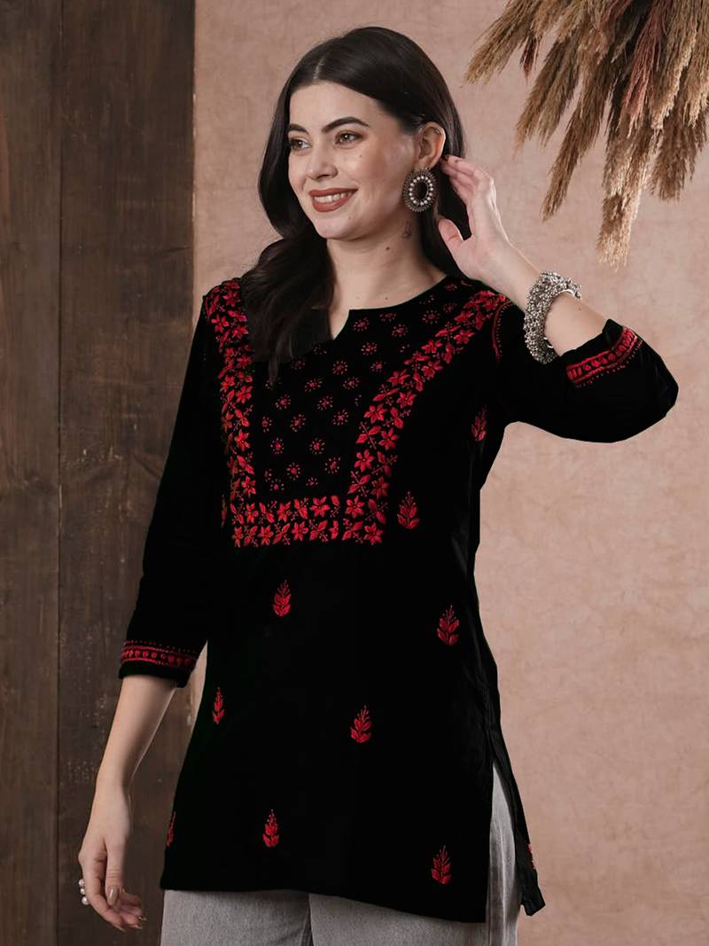 Hand Embroidered Black & Red Cotton Lucknowi Chikan Women Top