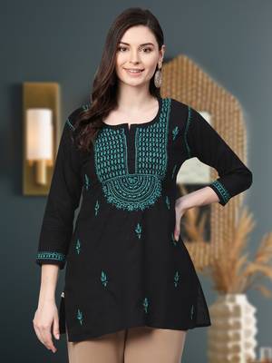 Hand Embroidered Black & Green Cotton Lucknowi Chikankari Women Top 1