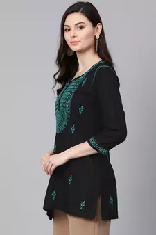 Hand Embroidered Black & Green Cotton Lucknowi Chikankari Women Top