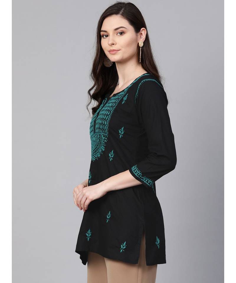 Hand Embroidered Black & Green Cotton Lucknowi Chikankari Women Top