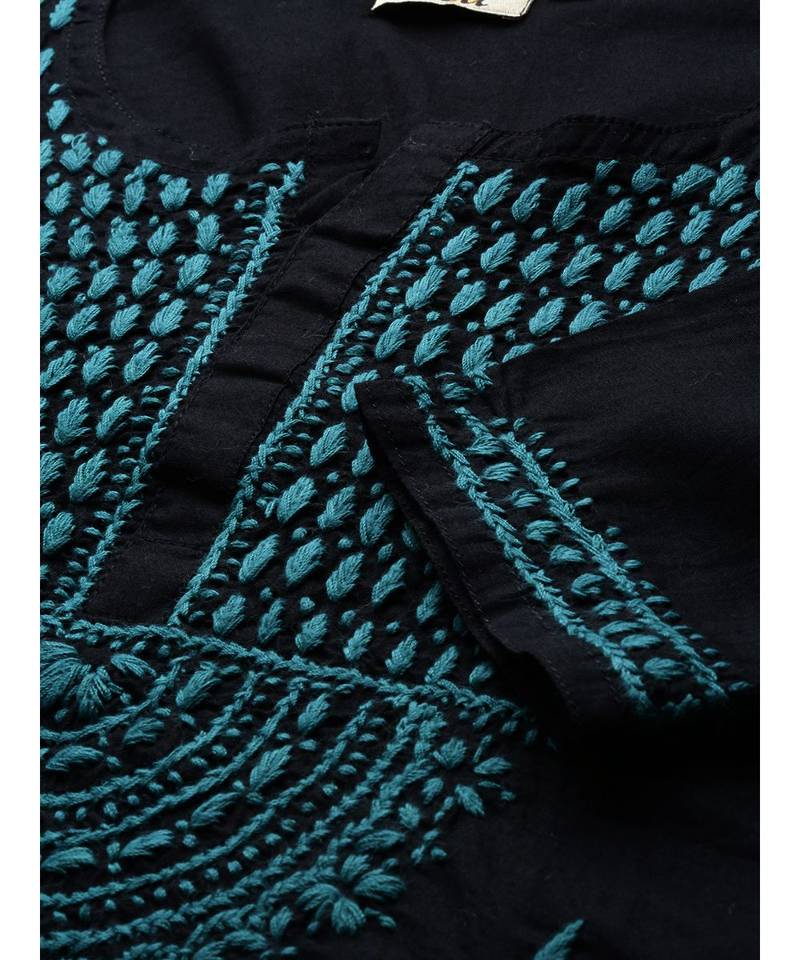 Hand Embroidered Black & Green Cotton Lucknowi Chikankari Women Top