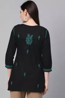 Hand Embroidered Black & Green Cotton Lucknowi Chikankari Women Top