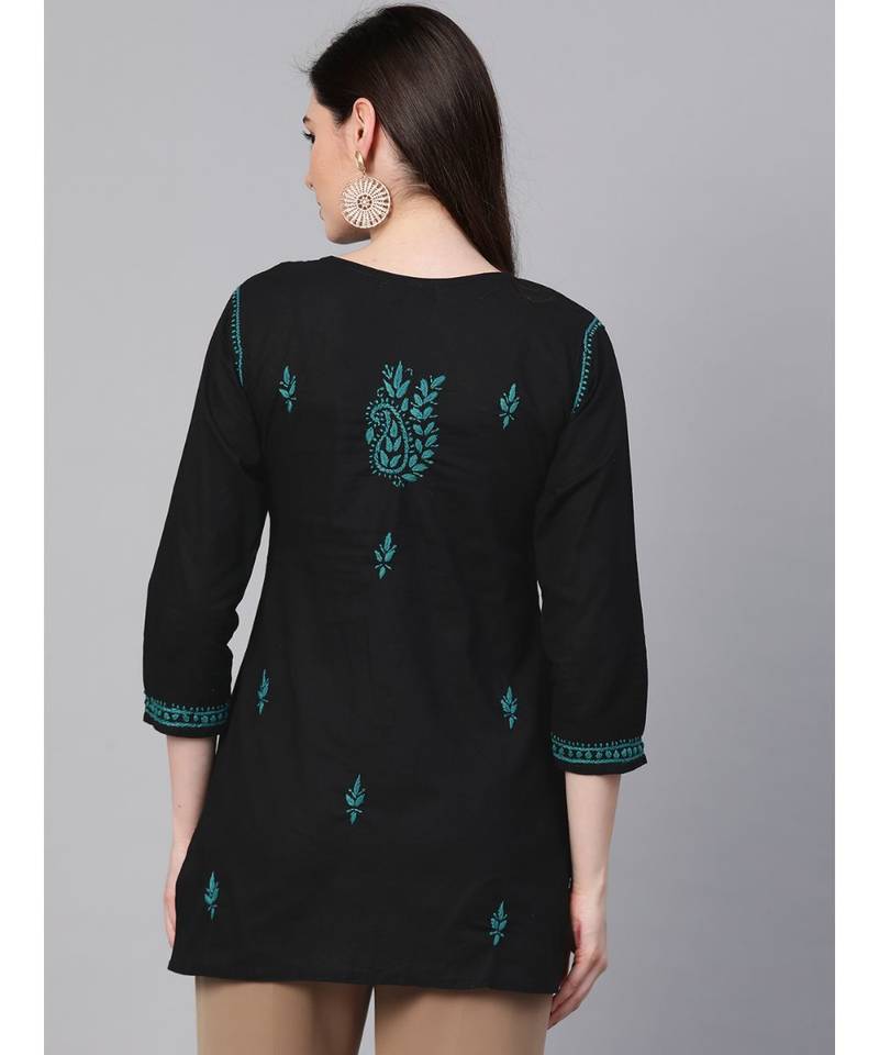 Hand Embroidered Black & Green Cotton Lucknowi Chikankari Women Top