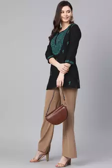 Hand Embroidered Black & Green Cotton Lucknowi Chikankari Women Top