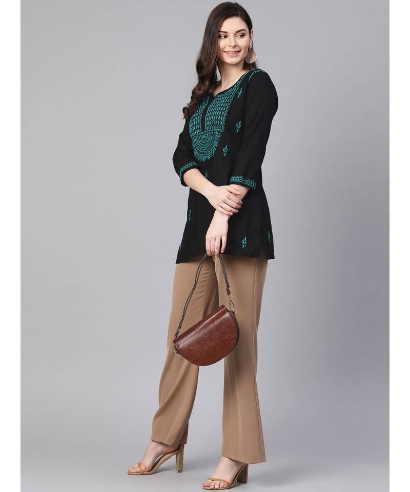 Hand Embroidered Black & Green Cotton Lucknowi Chikankari Women Top