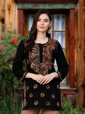 Ada Hand Embroidered Black Cotton Lucknowi Chikankari Women Top - A100386 1