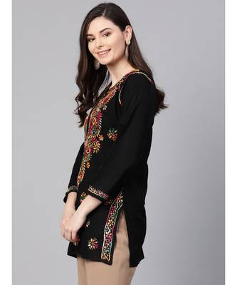Ada Hand Embroidered Black Cotton Lucknowi Chikankari Women Top - A100386 3