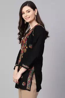 Ada Hand Embroidered Black Cotton Lucknowi Chikankari Women Top - A100386
