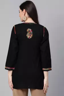 Ada Hand Embroidered Black Cotton Lucknowi Chikankari Women Top - A100386