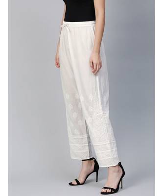 Ada Hand Embroidered White Cotton Lucknow Chikan Women Palazzo - A100207 2