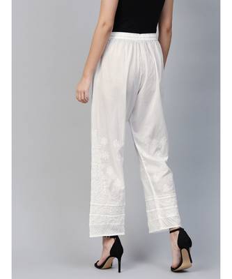 Ada Hand Embroidered White Cotton Lucknow Chikan Women Palazzo - A100207 3