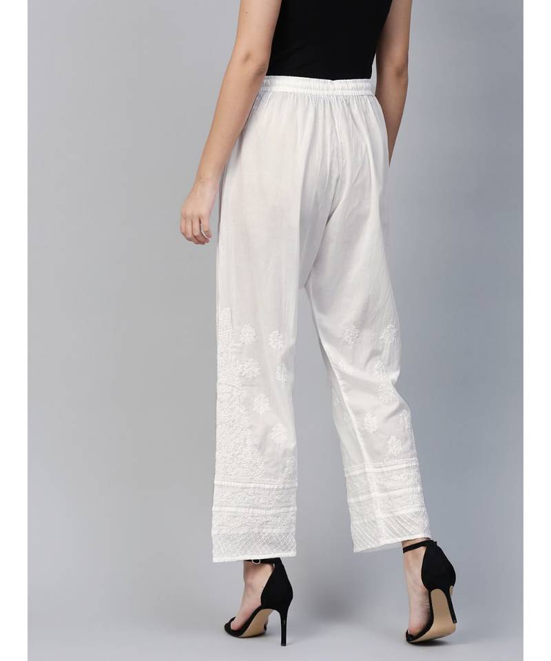 Ada Hand Embroidered White Cotton Lucknow Chikan Women Palazzo - A100207