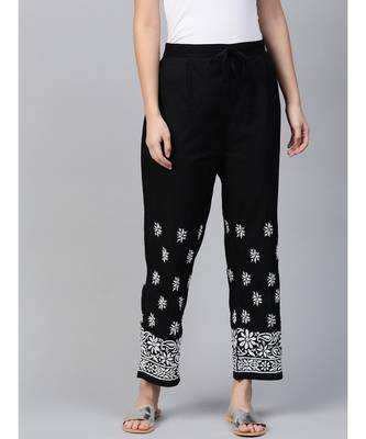 Hand Embroidered Black Cotton Lucknowi Chikankari Women Palazzo 1