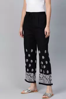 Hand Embroidered Black Cotton Lucknowi Chikankari Women Palazzo