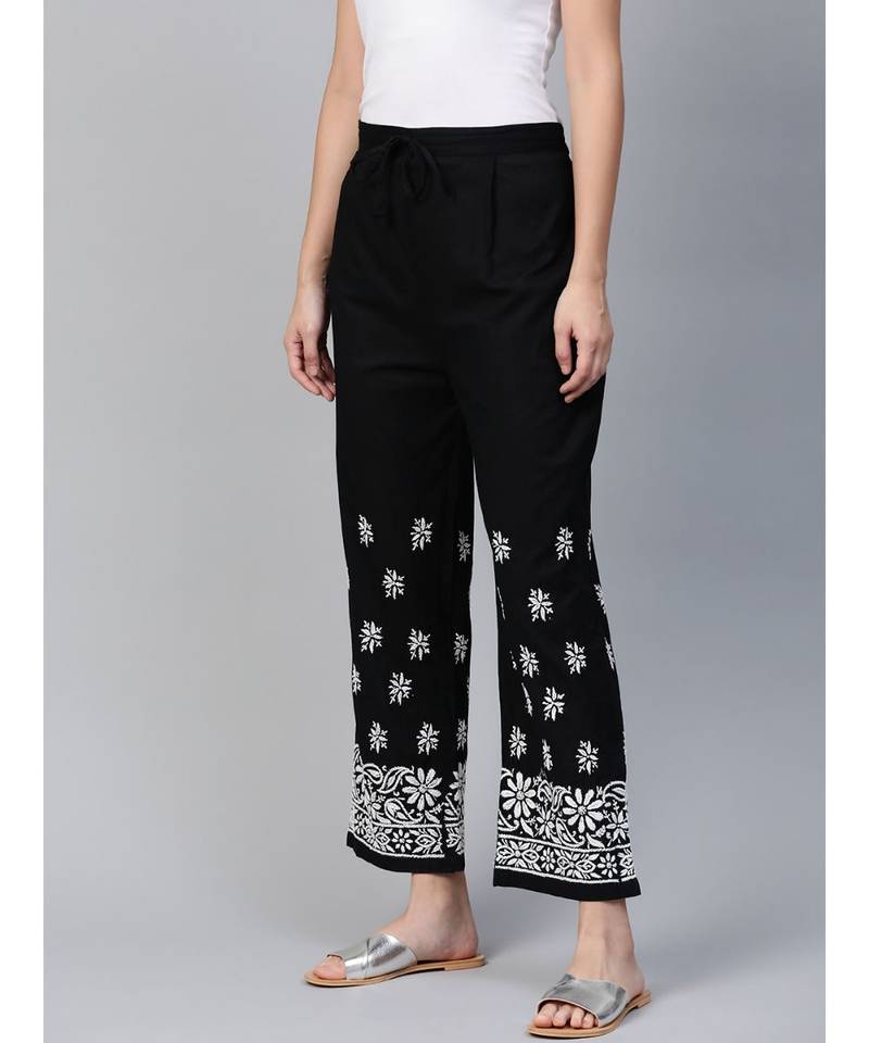Hand Embroidered Black Cotton Lucknowi Chikankari Women Palazzo