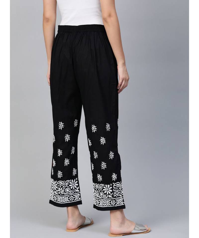 Hand Embroidered Black Cotton Lucknowi Chikankari Women Palazzo