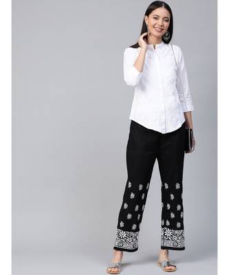 Hand Embroidered Black Cotton Lucknowi Chikankari Women Palazzo 4
