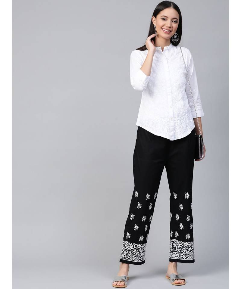 Hand Embroidered Black Cotton Lucknowi Chikankari Women Palazzo
