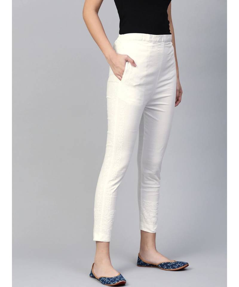 Ada Hand Embroidered White Cotton Lucknowi Chikankari Women Pant - A116120