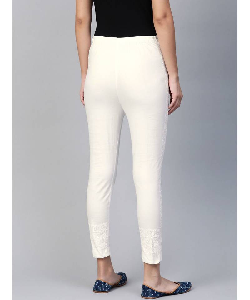 Ada Hand Embroidered White Cotton Lucknowi Chikankari Women Pant - A116120