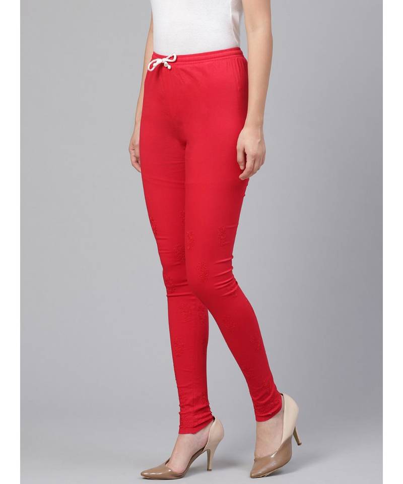 Hand Embroidered Red Cotton Lucknowi Chikankari Women Churidar