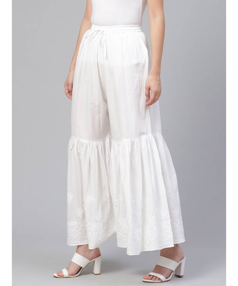 Hand Embroidered White Cotton Lucknowi Chikankari Women Sharara