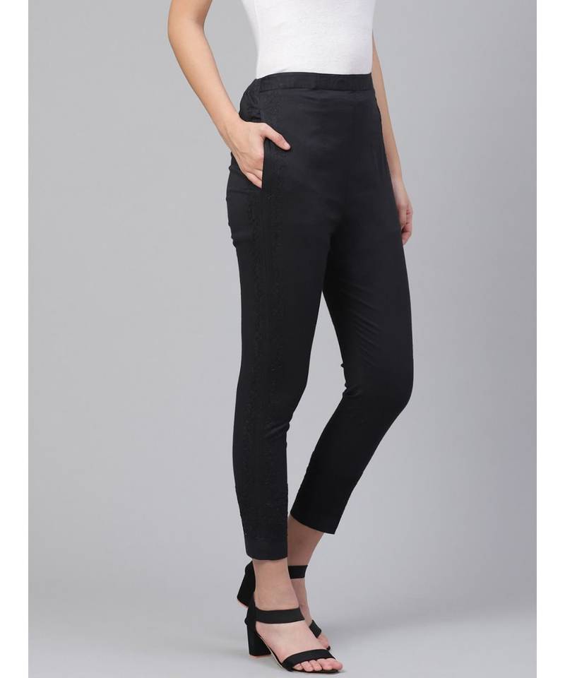 Ada Hand Embroidered Black Cotton Lucknowi Chikankari Trouser