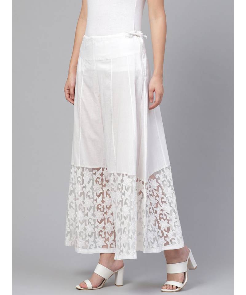 Ada Hand Embroidered White Cotton Lucknowi Chikankari Palazzo - A100381