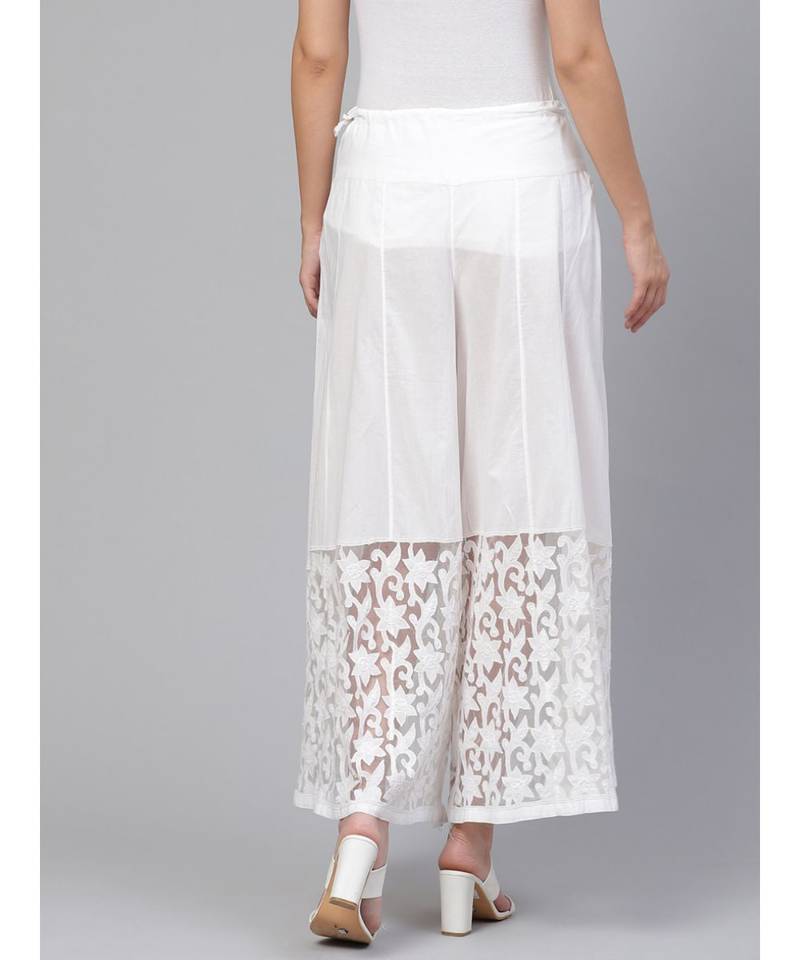Ada Hand Embroidered White Cotton Lucknowi Chikankari Palazzo - A100381