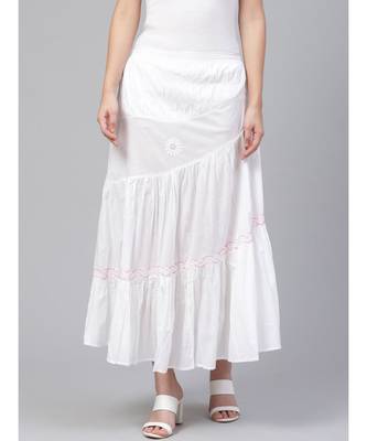 Ada Hand Embroidered White And Pink Cotton Lucknow Chikan Skirt 1
