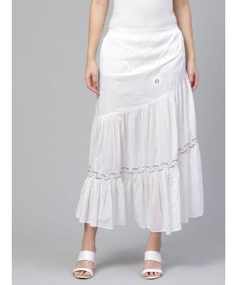 Ada Hand Embroidered White Cotton Lucknow Chikankari Skirt 1