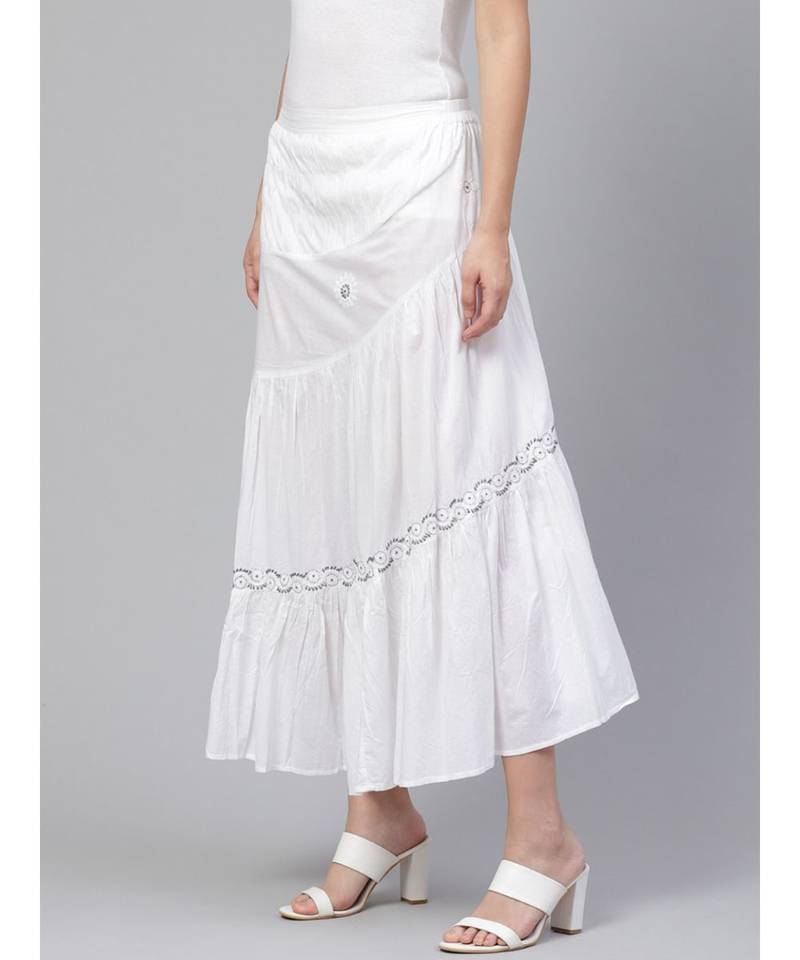 Ada Hand Embroidered White Cotton Lucknow Chikankari Skirt