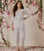 Hand Embroidered White Cotton Lucknowi Chikan Women Dhoti