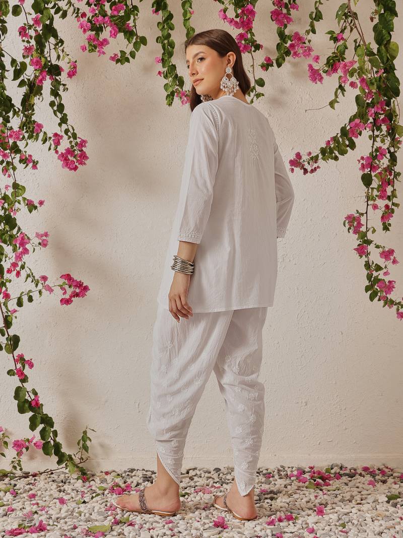 Hand Embroidered White Cotton Lucknowi Chikan Women Dhoti