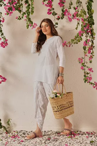 Hand Embroidered White Cotton Lucknowi Chikan Women Dhoti