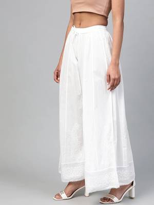 Women Hand Embroidered White Cotton Lucknow Chikan Palazzo 2