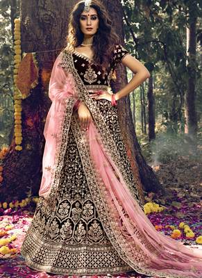 Dark Maroon Velvet Bridal Lehengas 1