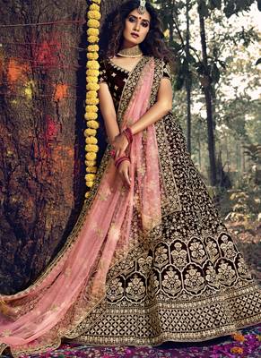 Dark Maroon Velvet Bridal Lehengas 2