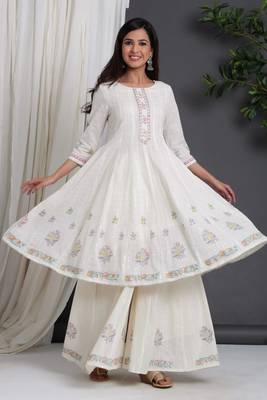 White Colored Soft Cotton Handblock Printed Embroidery Worked Kurta With Plazzo Set 1