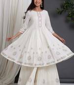 White Colored Soft Cotton Handblock Printed Embroidery Worked Kurta With Plazzo Set